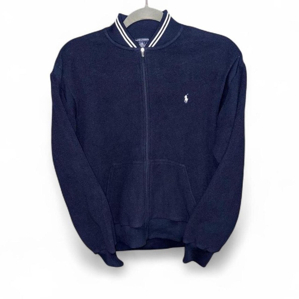 Polo Ralph Lauren Sport Jacket Mens Large Blue Fleece Full Zip Bomber Navy